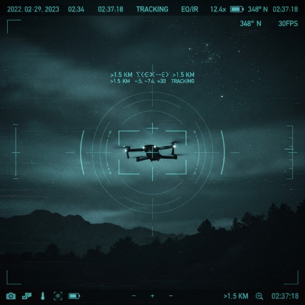 Night sky through an electro-optical and thermal sensor with a small drone highlighted by a targeting bounding box