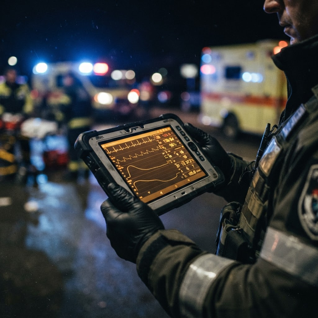 Rugged handheld field medical monitor showing amber vital-sign waveforms and a ranked casualty queue at a nighttime response scene